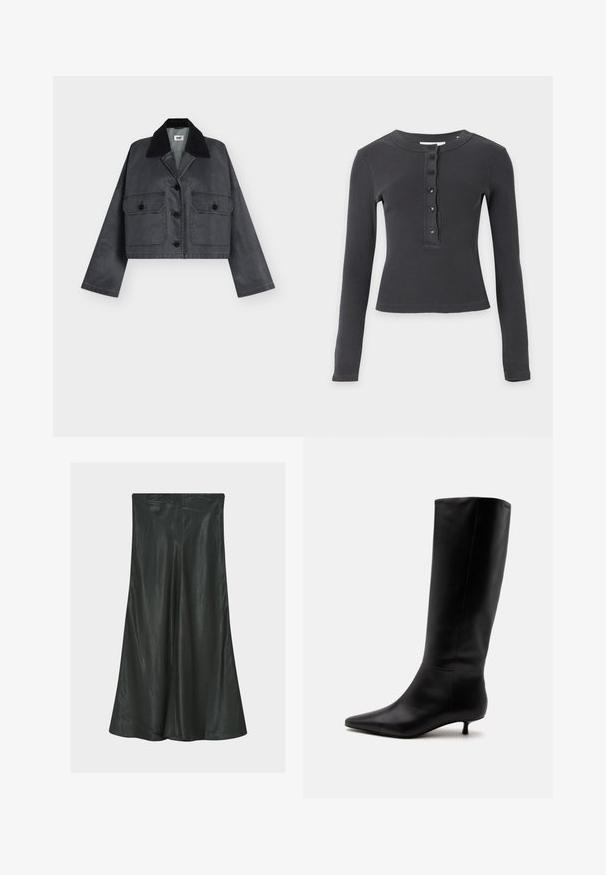 Veste courte gris foncé avec col en velours côtelé noir, manches longues, boutons sur le devant et deux poches à rabat boutonnées.; Chemise à manches longues, gris foncé côtelée, avec un col rond et cinq boutons noirs sur la patte de boutonnage avant.; Jupe plissée noire avec une texture lisse et brillante, longueur aux genoux, dotée d'une taille haute et d'une silhouette évasée.; Botte noire en cuir jusqu'au genou avec bout pointu et petit talon kitten sur un fond clair uni.