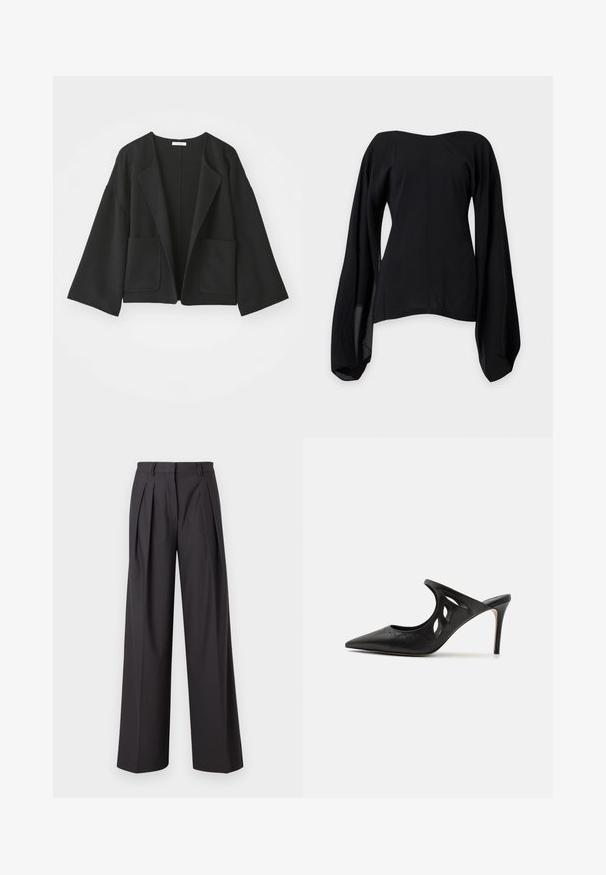 Sort cropped jakke lavet af blødt stof. Har brede ærmer, åben front og to forlommer. Enkel, ren design uden lukninger.; Sort off-shoulder bluse med brede, flydende lange ærmer og en tætsiddende talje, vist på en ensartet lysegrå baggrund.; Bredde ben bukser i mørkegrå stof, med frontfolder, en glat tekstur, en mellemhøj talje og bæltestropper.; Sorte læder højhælede mules med spids tå, udskåret sideskærm og glat tekstur. Stiletthæl og subtil syning.