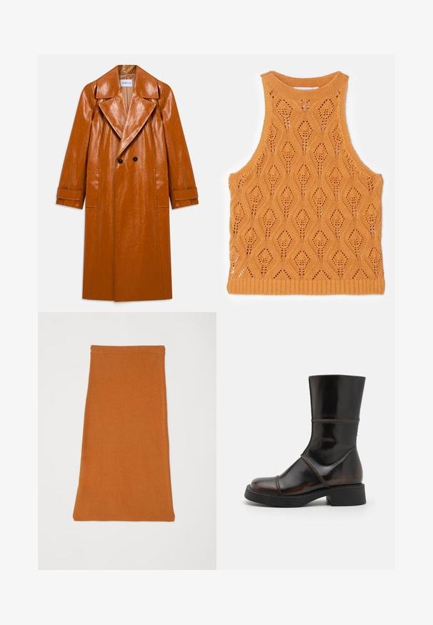 Trench-coat long en faux cuir marron avec larges revers, double boutons noirs, deux poches avant et manches à revers.; Débardeur en tricot orange avec un motif en losange, trame aérée, et un col et un ourlet côtelés. Sans manches, texture légère.; Jupe en tissu orange et extensible avec une texture lisse, présentant un design simple et ajusté, avec un ourlet droit. Aucun matériel ou motif visible.; MIISTA DAHLIA - Bottes à plateau - brown