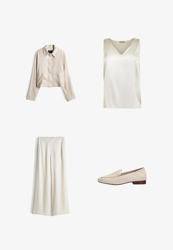 Beige Jacke in Cropped-Form aus strukturiertem Stoff. Verfügt über einen spitzen Kragen, eine vordere Knopfleiste und zwei große aufgesetzte Taschen.; Ärmellose Satinbluse in Elfenbein mit V-Ausschnitt und schmaler Schulterführung, gekennzeichnet als Falconeri Seta Kollektion.; Weit geschnittene, hoch taillierte cremefarbene Hose mit elastischem Bund und ohne sichtbare Taschen, dargestellt vor weißem Hintergrund.; Beiger Lederloafer mit niedrigem Holzabsatz und abgerundet eckiger Zehenpartie, Seitenansicht vor weißem Hintergrund.
