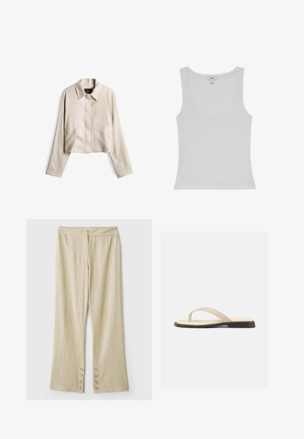 Beige Jacke in Cropped-Form aus strukturiertem Stoff. Verfügt über einen spitzen Kragen, eine vordere Knopfleiste und zwei große aufgesetzte Taschen.; Weißes ärmelloses, geripptes Tanktop mit Rundhalsausschnitt und kleinem Markenlabel im Krageninnenteil.; Beige Hosen mit weitem Bein aus strukturiertem Stoff, mit einem glatten Bund und Knopfdetails am Saum.; Beige flache Zehensandale mit gepolstertem Fußbett und schwarzer Sohle, von der Seite vor weißem Hintergrund gezeigt.