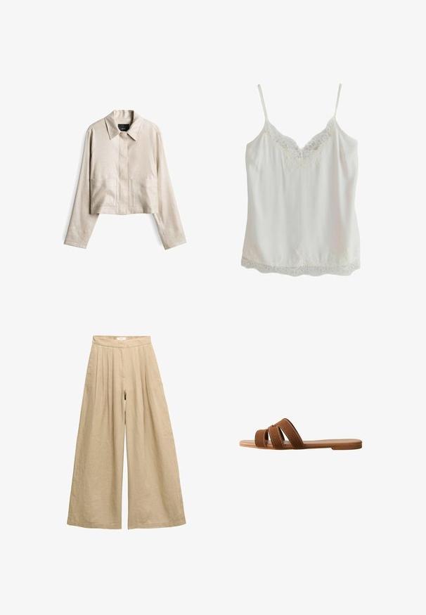 Beige Jacke in Cropped-Form aus strukturiertem Stoff. Verfügt über einen spitzen Kragen, eine vordere Knopfleiste und zwei große aufgesetzte Taschen.; Weißes ärmelloses Top mit dünnen Trägern und Spitzenbesatz am Ausschnitt und Saum, aus glattem Stoff gefertigt.; Beige Leinenhose mit hoher Taille und weitem Bein, mit Falten an der Taille und einem verdeckten Frontverschluss.; Braune Wildleder-Sandale mit drei überlappenden Riemen, einer flachen Sohle und kontrastierenden weißen Nähten auf den Riemen als Detail.