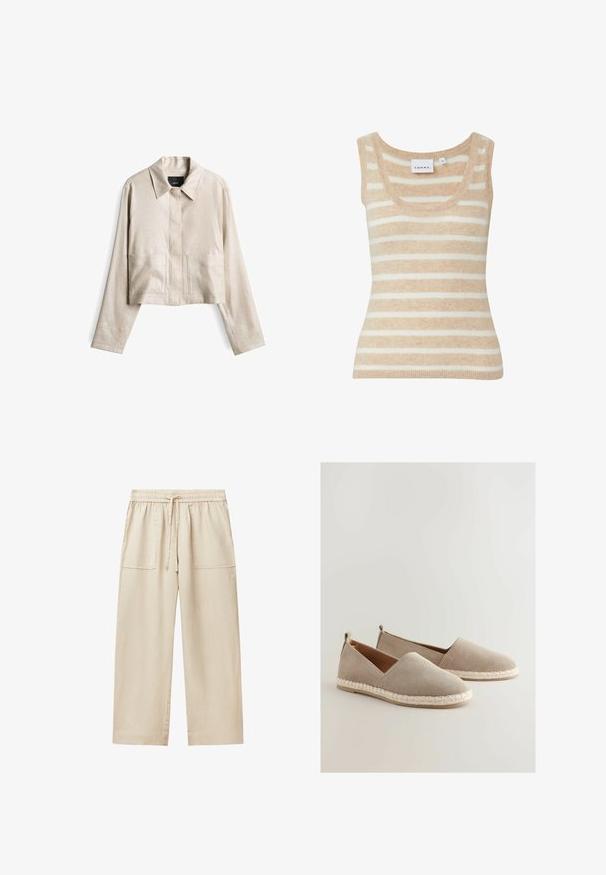 Beige Jacke in Cropped-Form aus strukturiertem Stoff. Verfügt über einen spitzen Kragen, eine vordere Knopfleiste und zwei große aufgesetzte Taschen.; Beiges und weißes, horizontal gestreiftes, gestricktes ärmelloses Top mit Rundhalsausschnitt und Comma Markenetikett im Kragen.; Beige weite Hosen aus leichtem Stoff, mit elastischem Bund und Kordelzug sowie zwei frontalen Taschen.; Beige Wildleder Slipper mit einer gewebten Jutesohle, die ein niedriges Design und eine kleine Absatzakzentuierung auf der Rückseite aufweist.
