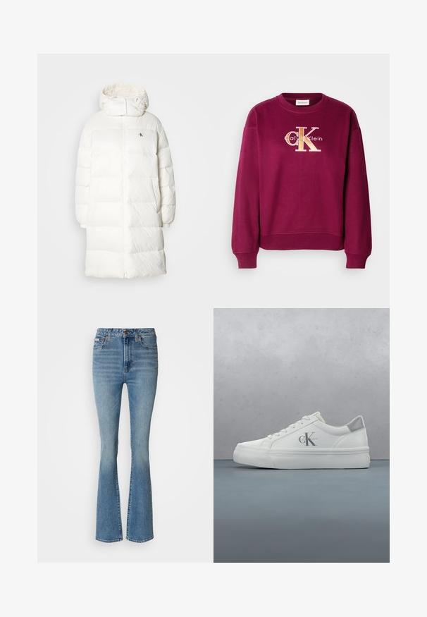 Hvid pufferjakke med en lang, lige silhuet. Har lynlås foran, elastiske manchetter og en hætte med samlet kant. Lille logodetalje.; Burgundy sweatshirt med rund halsudskæring og lange ærmer. Broderet gyldent "CK" logo med "Calvin Klein" tekst under. Blødt stof.; Lyseblå, flagrende jeans lavet af denim, med høj talje, falmet vask og synlige stikninger, samt brune metaldele.; Hvide lædersneakers med flad sål, der har en diskret grå hælaccent og et fremtrædende 'CK' logo på siden.