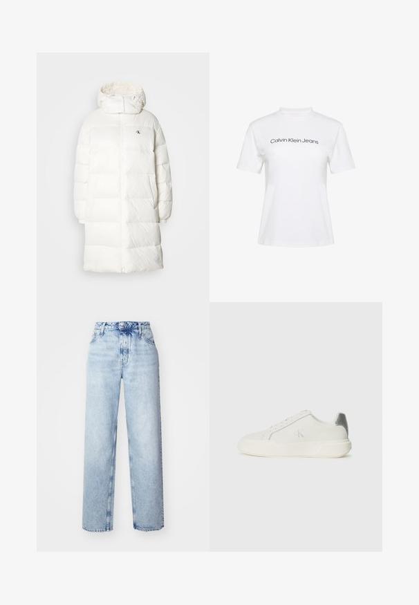 Manteau doudoune blanc avec une silhouette longue et droite. Il possède une fermeture éclair sur le devant, des poignet élastiques et une capuche avec des bords froncés. Détail logo discret.; T-shirt en coton blanc avec col rond et manches courtes, arborant le texte "Calvin Klein Jeans" en impression noire sur la poitrine.; Jeans taille haute bleu clair avec une coupe ample, mettant en avant des jambes droites, cinq poches et une fermeture classique à boutons et zip.; Baskets blanches en cuir avec une texture lisse, présentant un accent argenté sur le talon, une semelle plate et un design minimaliste.