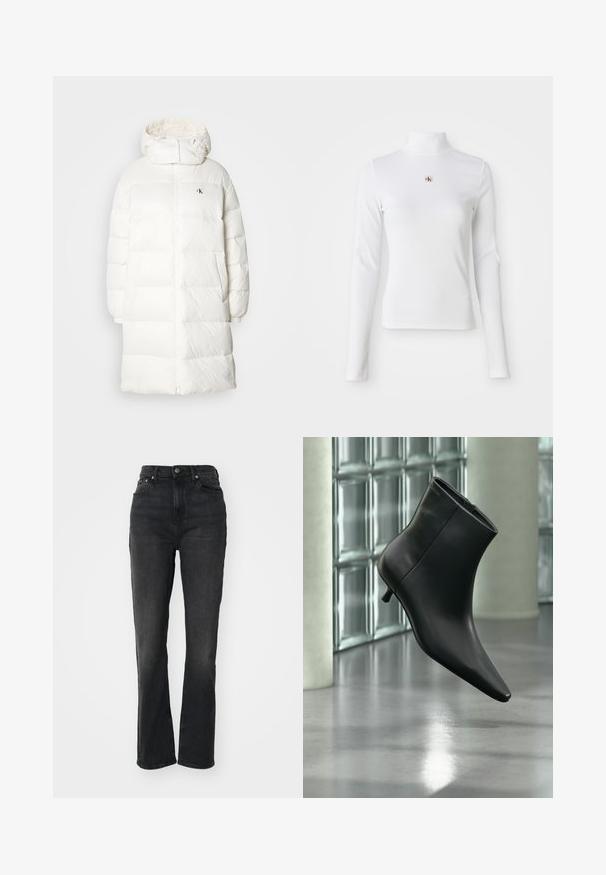 Hvid pufferjakke med en lang, lige silhuet. Har lynlås foran, elastiske manchetter og en hætte med samlet kant. Lille logodetalje.; Langærmet, hvid turtleneck-top lavet af ribbet materiale. Har et lille broderet logo i midten. Tæt pasform uden mønstre.; Højtaljede sorte denim jeans med lige ben, fem-lomme design, frontlukning med knap og minimal syning.; Sort læderankelstøvle med spids tå og lav kitten-hæ, vist vinklet mod en poleret gulv- og glasblokvæg.