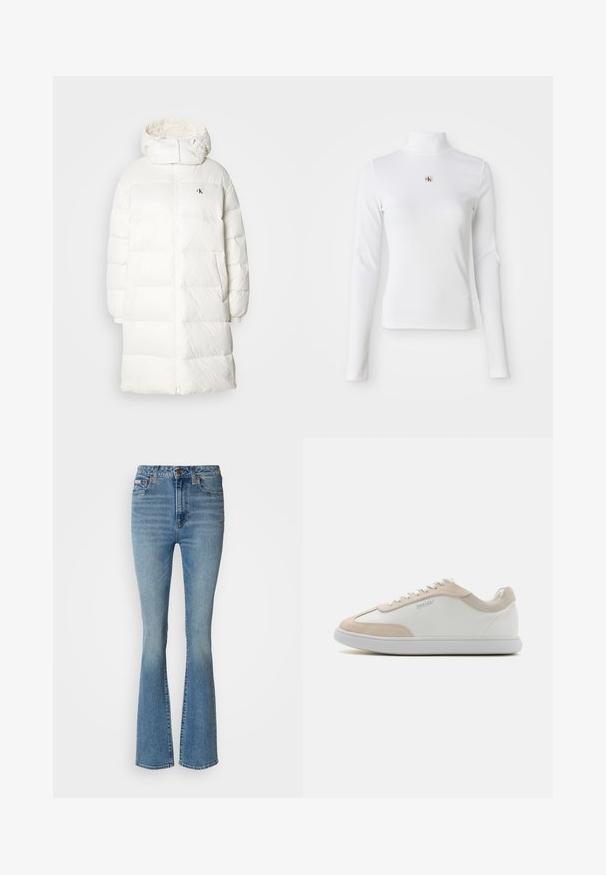 Manteau doudoune blanc avec une silhouette longue et droite. Il possède une fermeture éclair sur le devant, des poignet élastiques et une capuche avec des bords froncés. Détail logo discret.; Top à col roulé blanc à manches longues en matière côtelée. Présente un petit logo brodé au centre. Design ajusté sans motifs.; Jeans évasés bleu clair en denim, avec une taille haute, un effet délavé et des coutures visibles, agrémentés de détails en métal marron.; Baskets en cuir blanc avec des accents en suède beige et des lacets blancs. Elles présentent un bout arrondi et une semelle rembourrée pour plus de confort.