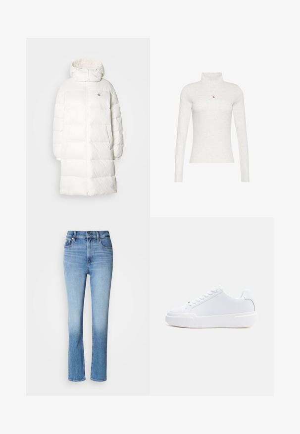 Manteau doudoune blanc avec une silhouette longue et droite. Il possède une fermeture éclair sur le devant, des poignet élastiques et une capuche avec des bords froncés. Détail logo discret.; Chemise à manches longues gris clair avec col roulé et petit logo "ck" rouge et noir centré sur la poitrine.; Jean en denim bleu avec taille haute, coupe droite, dégradé de couleur usé et style cinq poches. Fermeture à bouton en métal et zip.; Baskets basses blanches à lacets, semelle épaisse et dessus lisse, vues de côté extérieur sur un fond clair uni.