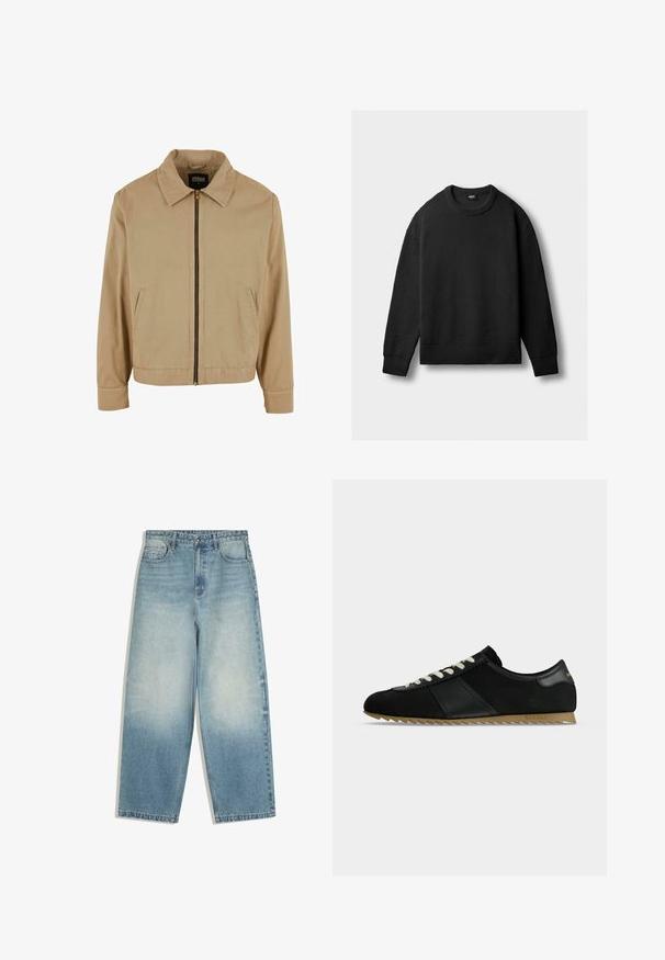 Beige lynlåsjakke med klassisk krave, to sidelommer og lange ærmer. Fremstillet af bomuld med en glat tekstur.; Sort strikket crewneck sweater med lange ærmer samt ribbet manchetter, kant og krave, vist fladt på en lys baggrund.; Lyseblå high-waist vidbenede jeans med falmet vask, frontknaplukning og fem-lomme design.; Sort lavtop sneakers med hvide snørebånd, tekstureret brun sål og læderdetaljer mod en ensfarvet grå baggrund.