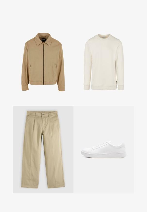 Beige lynlåsjakke med klassisk krave, to sidelommer og lange ærmer. Fremstillet af bomuld med en glat tekstur.; Sweatshirt i cremefarve lavet af blødt stof. Har rund halsudskæring, manchetter på de lange ærmer og en syet kant. Minimalistisk design uden mønstre.; Beige bukser med lige ben, forreste læg, bæltestropper, sidelommer og knaplukning i taljen.; Hvid lavtop-sneaker med snørelukning, glat læderoverdel og tyk gummisål vist i sideprofil mod en ensfarvet baggrund.