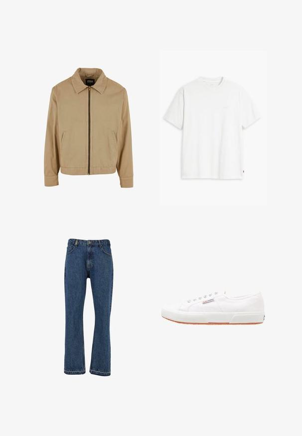 Veste zippée beige avec col classique, deux poches latérales et manches longues. Fabriquée en coton avec une texture lisse.; T-shirt en coton blanc à manches courtes, col rond, avec un logo "Levi's" discret imprimé en couleur claire sur le devant.; Jean en denim bleu avec une coupe droite, design classique à cinq poches et accents en métal. Ourlet cousu avec une finition légèrement délavée.; Baskets en toile blanches avec une semelle en caoutchouc, design à lacets et une petite étiquette logo sur le côté. Tige blanche texturée et semelle extérieure marron.