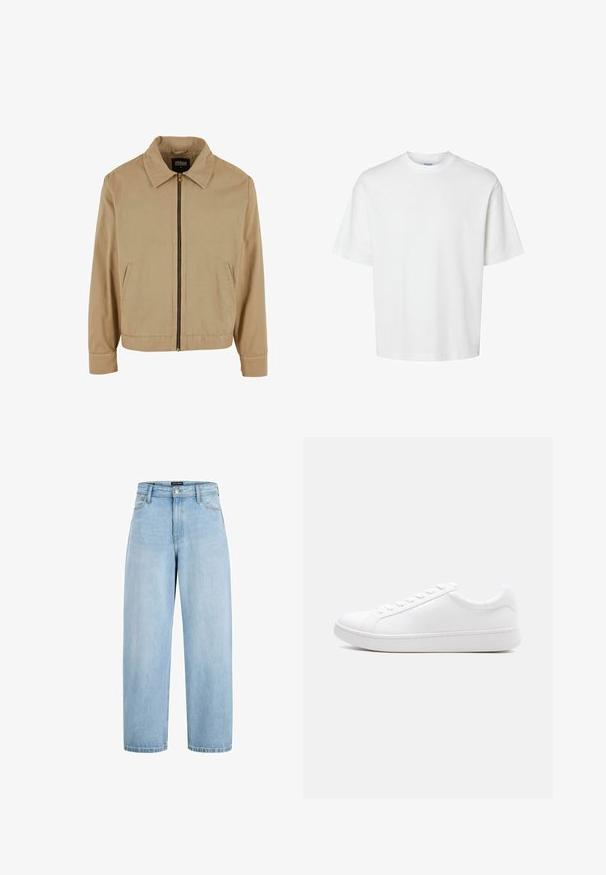 Beige lynlåsjakke med klassisk krave, to sidelommer og lange ærmer. Fremstillet af bomuld med en glat tekstur.; Enkel hvid t-shirt med korte ærmer, rund hals og løs pasform vist på hvid baggrund.; Lyseblå jeans med høj talje og vide ben, med forlommer, bæltestropper og lukning med knap og lynlås.; Hvid lavtop-sneaker med snørelukning, glat læderoverdel og tyk gummisål vist i sideprofil mod en ensfarvet baggrund.
