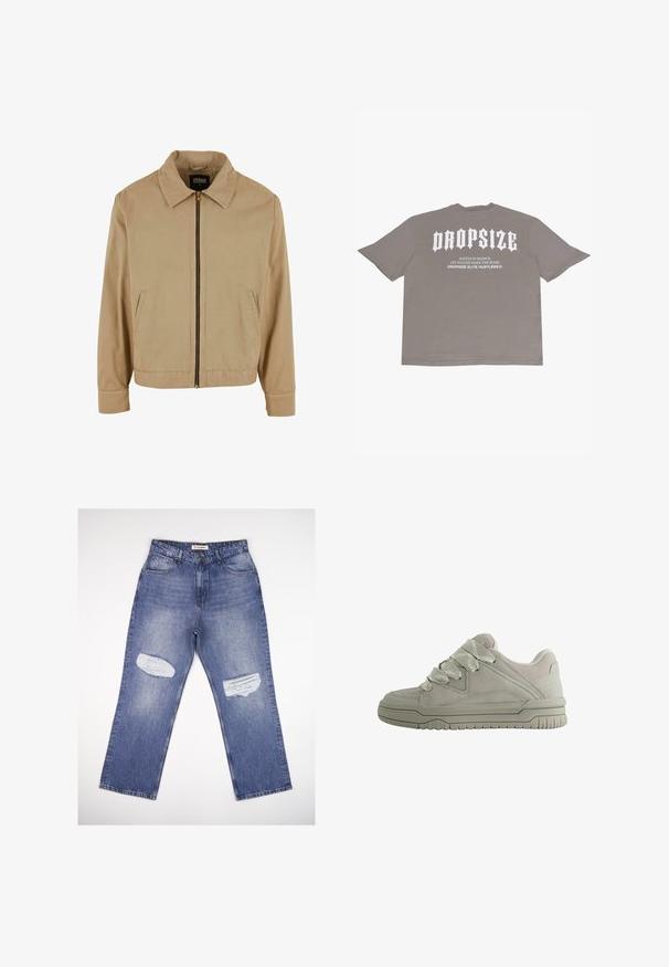 Beige lynlåsjakke med klassisk krave, to sidelommer og lange ærmer. Fremstillet af bomuld med en glat tekstur.; Grå oversized t-shirt lavet af bomuld. Har store hvide bogstaver på ryggen: "DROPSIZE" og et slogan nedenunder. Simplistisk rund hals.; Lyseblå denimjeans med høj talje, lige ben og to slidte pletter foran. Klassisk design med fem lommer.; Lav-snit grå sneaker med tykke teksturerede snørebånd, polstret krave, syninger i panelerne og en rilled gummisål for greb.