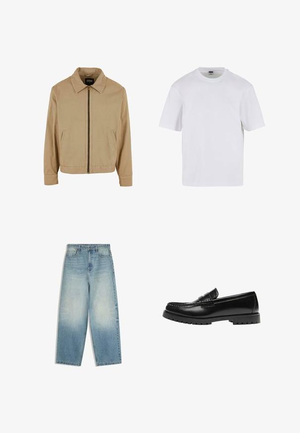 Beige lynlåsjakke med klassisk krave, to sidelommer og lange ærmer. Fremstillet af bomuld med en glat tekstur.; Hvid kortærmet t-shirt lavet af bomuld. Har en rund halsudskæring og en afslappet pasform. Glat tekstur, minimalistisk design, ingen mønstre eller accenter.; Lyseblå vide denimjeans med forlommer, knaplukning og falmet vaskepatina på lår og knæ.; Sort læderloafer med en kraftig gummisål og klassiske penny-strap detaljer, vist fra ydersiden.