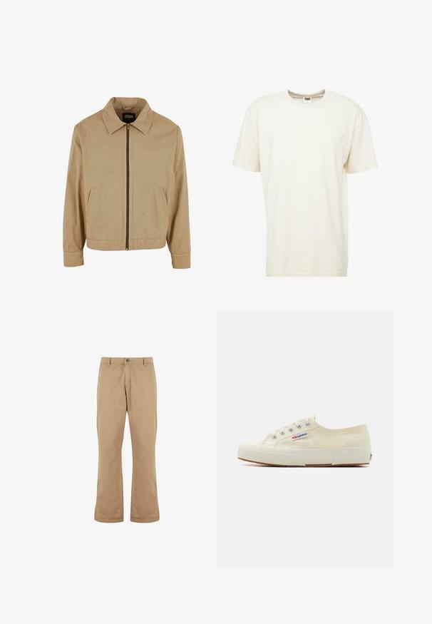 Beige lynlåsjakke med klassisk krave, to sidelommer og lange ærmer. Fremstillet af bomuld med en glat tekstur.; T-shirt med korte ærmer og rund hals i lys cremefarve. Fremstillet af blødt bommateriale med en afslappet pasform og minimale sømme.; Beige bomuldsbukser med lige pasform, der har knaplukning, forlommer og en glat tekstur.; Beige lærredssneaker med et lavprofildesign, metaløjet og gummisål. Har et tekstureret mønster og logodetalje på siden.