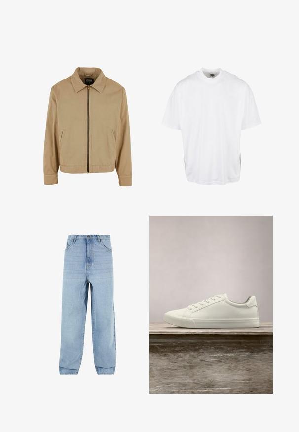 Beige lynlåsjakke med klassisk krave, to sidelommer og lange ærmer. Fremstillet af bomuld med en glat tekstur.; Hvid bomulds T-shirt med en afslappet pasform, korte ærmer og rund halsudskæring, med en lige kant og ingen synlige grafikker eller mønstre.; Lyseblå denimjeans med løs pasform, høj talje og fem lommer. Har bæltestropper og knaplukning. Blød tekstur.; Hvide snørresneakers svævende over en træbænk med grønne planter i baggrunden, der fremhæver skodesign og tekstur.