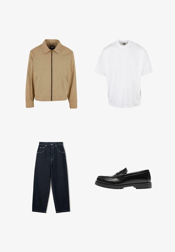 Beige zip-up jas met een klassieke kraag, twee zijzakken en lange mouwen. Gemaakt van katoen met een zachte textuur.; Witte katoenen t-shirt met een relaxte pasvorm, korte mouwen en een ronde halslijn, met een rechte zoom en geen zichtbare grafische afbeeldingen of patronen.; Donkerindigo jeans met rechte pijpen, witte contrasterende stiksels, ontwerp met vijf zakken en metalen knoopsluiting in de taille.; Zwarte leren loafer met een dikke rubberen zool en klassieke penny-strap details, gezien vanaf de buitenkant.