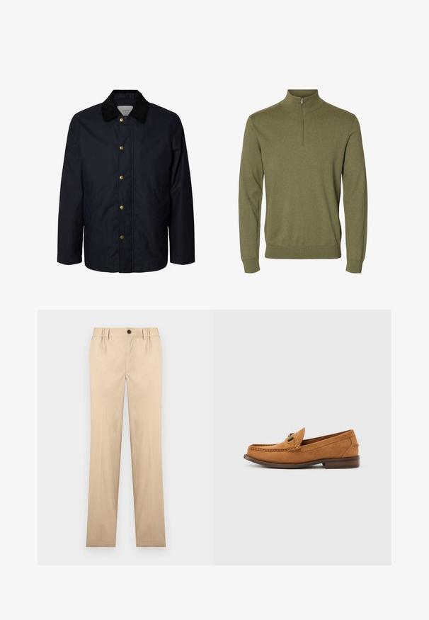 Heren navyblauwe jas met zwarte corduroy kraag en vijf zichtbare messing drukknoopsluitingen aan de voorkant.; Groene trui met lange mouwen, hoge kraag en korte ritssluiting aan de voorkant, gemaakt van zachte gebreide stof.; Beige recht gesneden broek met knoop aan de voorkant, riemlussen en zijzakken.; Lichtbruine suède herenslipper met metalen bitdetail en gestikte moc-toe, profielweergave op een effen witte achtergrond.
