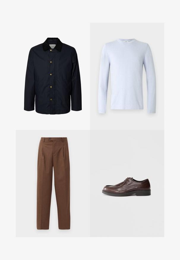 Herre navyblå jakke med sort kordfløjlkrave og fem synlige messingtryklåse ned foran.; Lyseblå langærmet t-shirt lavet af glat stof med rund hals og minimale syninger, med et simpelt design uden mønstre eller detaljer.; Brune skræddersyede bukser med lige pasform, synlige folder, forlommer og en enkelt knaplukning i taljen. Glat tekstur.; Brune lædersko med rund tå, minimal syning og en solid sort sål. Har snørelukning og en glat overflade.