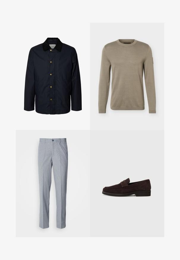 Herre navyblå jakke med sort kordfløjlkrave og fem synlige messingtryklåse ned foran.; Beige strikket trøje med rund hals og lange ærmer, med ribstrikkede manchetter og kant, med en lille lapdetalje på øverste venstre ærme.; Gråternede bukser, skræddersyet pasform, med en glat stoftekstur, flad front og enkelt knaplukning.; Brune ruskinds loafers med lav profil og rund tå. Har en dekorativ rem over det øverste, flad gummisål og ingen synlig syning.