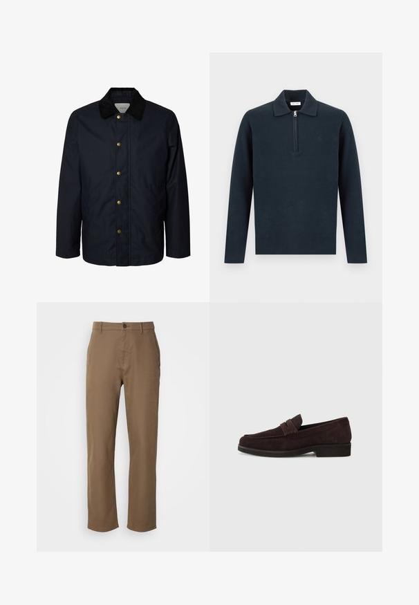 Herre navyblå jakke med sort kordfløjlkrave og fem synlige messingtryklåse ned foran.; Langærmet mørkeblå pullover med krave og halv lynlås foran, vist på en ensartet lys baggrund.; Brune bomuldsbukser med lige pasform, knaplukning og sidelommer. Har en glat overflade og et enkelt, udekoreret design.; Brune ruskinds loafers med lav profil og rund tå. Har en dekorativ rem over det øverste, flad gummisål og ingen synlig syning.