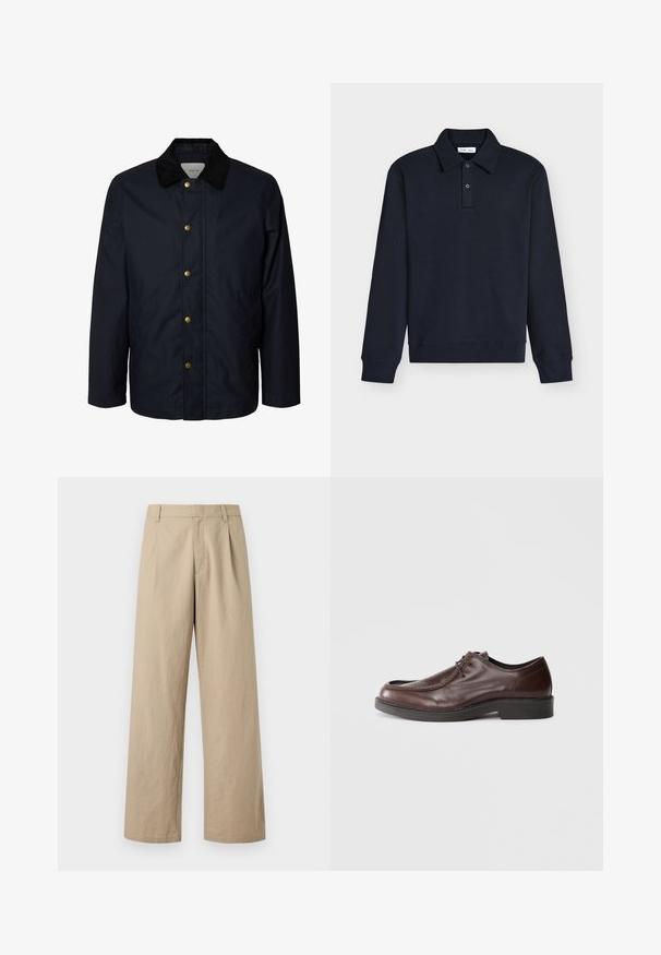 Heren navyblauwe jas met zwarte corduroy kraag en vijf zichtbare messing drukknoopsluitingen aan de voorkant.; Donker marineblauw poloshirt met lange mouwen, kraag en twee knopen op de knoopsluiting, geribde boorden en zoom, getoond op een witte achtergrond.; Beige wijde broek met riemlussen, rits aan de voorkant en plooien, getoond op een witte achtergrond.; Bruine leren nette schoen met een ronde neus, minimale stiksels en een stevige zwarte zool. Voorzien van vetersluiting en een gladde textuur.