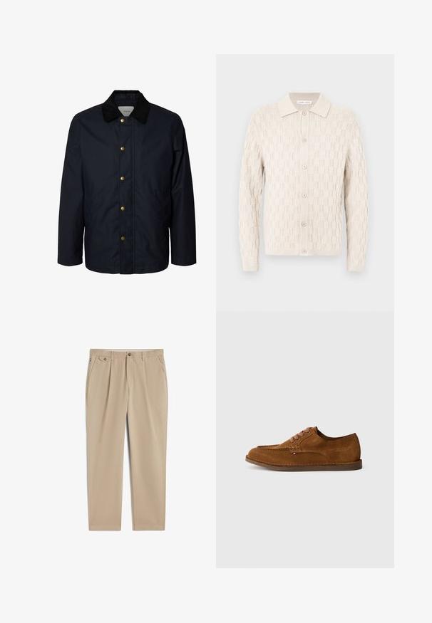 Herre navyblå jakke med sort kordfløjlkrave og fem synlige messingtryklåse ned foran.; Strikcardigan i off-white med et struktureret mønster, med knaplukning foran og flad krave, lange ærmer med ribkanter.; Beige bukser med lige ben, bæltestropper, knaplukning og lynlås foran, sidelommer og plisseret detalje nær taljen.; Brun ruskindsko med rundet tå, dekorative syninger og seks kontrasterende snørehuller. Flad sål og minimalistisk design.