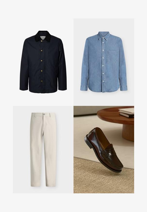 Heren navyblauwe jas met zwarte corduroy kraag en vijf zichtbare messing drukknoopsluitingen aan de voorkant.; Lichtblauw denim overhemd met lange mouwen en knoopsluiting, een puntkraag en een enkele borstzak op een effen achtergrond.; Lichtbeige rechte broek met knoop- en ritssluiting en riemlussen, afgebeeld op een effen witte achtergrond.; Bruine leren instappers met een glanzende afwerking, voorzien van een gestikt detail aan de voorkant en een low-profile zwarte rubberen zool.