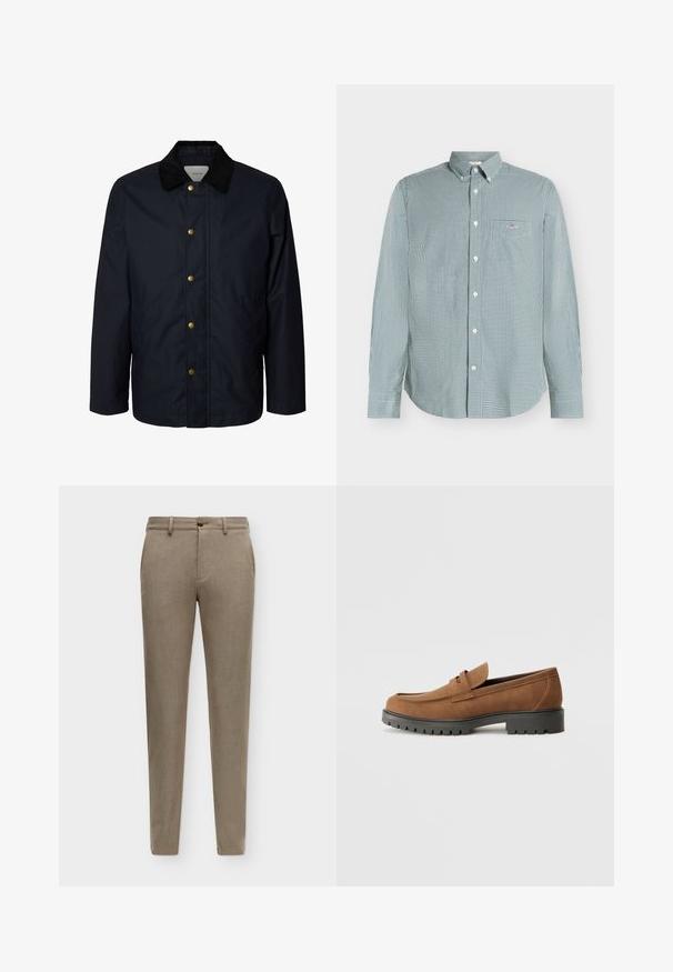 Herren navyblaue Jacke mit schwarzem Kordkragen und fünf sichtbaren Messing-Druckknöpfen vorne.; Herrenlangarmhemd zum Zuknöpfen mit grün-weiß kariertem Muster und einer einzelnen Brusttasche.; Beige Slim-Fit-Hose mit Gürtelschlaufen, Frontknopf und seitlichen Taschen, dargestellt auf einfachem Hintergrund.; Braune Wildlederslipper mit runder Zehenpartie und einer niedrigen schwarzen Gummisohle, die über einen dekorativen Riemen und Nähte auf dem Obermaterial verfügt.