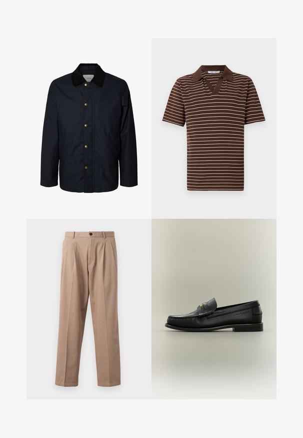 Heren navyblauwe jas met zwarte corduroy kraag en vijf zichtbare messing drukknoopsluitingen aan de voorkant.; Bruine polo met korte mouwen, voorzien van witte dunne horizontale strepen en een notch-kraag, gepresenteerd op een neutrale achtergrond.; Beige broek van katoen, met een rechte pijp, voorplooien, een knoopsluiting en zijzakken. Soepele textuur.; Zwarte leren instapschoen met lage hak, gouden gespdetail en geperste merknaam aan de zijkant tegen een neutrale achtergrond.