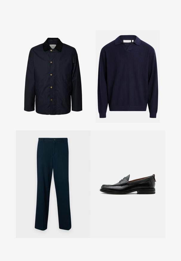 Chaqueta azul marino para hombre con cuello de pana negro y cinco botones automáticos visibles de latón en la parte delantera.; Suéter de punto azul marino de manga larga con sutiles rayas verticales, puños y dobladillo acanalados, y abertura en forma de V con cuello.; Pantalones azul marino confeccionados en tela suave, con cierre de botón, diseño de pierna recta y detalles mínimos.; Mocasín de hombre de piel negra con costura moc toe, tira penny, cuello texturizado y tacón bajo apilado sobre fondo blanco.