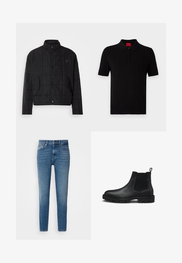 Chaqueta acolchada negra con cuello alzado, con botones de presionar y bolsillos laterales, fabricada en un material brillante y ligero.; Camisa polo negra hecha de algodón suave. Presenta un cuello clásico, mangas cortas y una etiqueta roja en el escote. Sin patrones ni adornos.; Jeans de denim azul claro con corte recto, diseño tradicional de cinco bolsillos, cierre de botón de metal y un ligero desvanecimiento en la parte delantera.; Botín Chelsea de cuero negro con paneles laterales elásticos, una superficie texturizada y una suela robusta con tacos prominentes. Diseño ligero.
