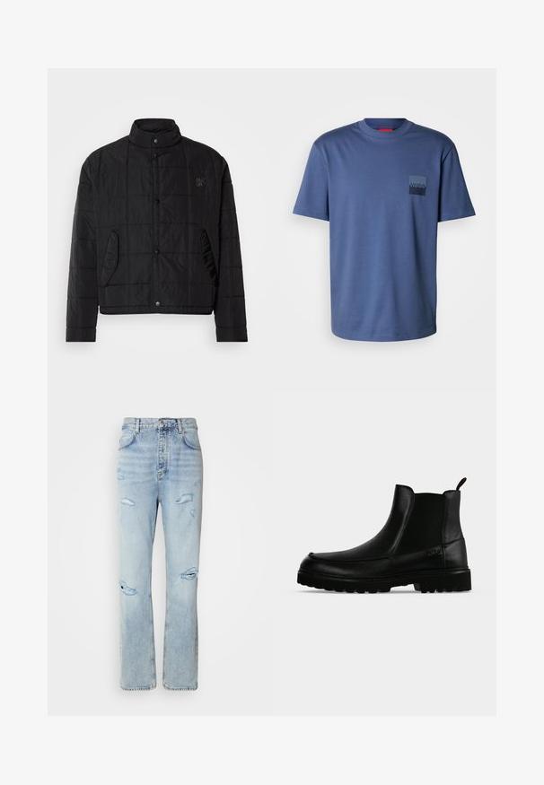 Chaqueta acolchada negra con cuello alzado, con botones de presionar y bolsillos laterales, fabricada en un material brillante y ligero.; Camiseta de manga corta azul, hecha de suave algodón, con un bolsillo cuadrado que lleva un logo azul oscuro. Diseño clásico de cuello redondo.; Jeans de mezclilla de lavado claro con un corte relajado, que presentan áreas desgastadas y bordes deshilachados. La tela tiene una textura suave y lisa.; Bota negra de cuero hasta el tobillo con suela texturizada, paneles laterales elásticos y pestaña de tirador sobre fondo gris claro.