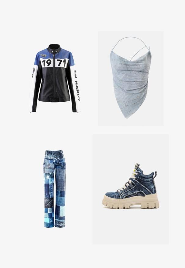 Zwart en blauwe leren jas met witte accenten, voorzien van "1971" en "ED HARDY" in vetgedrukt lettertype, ritssluiting en drukknopkraagdetail.; Lichtblauw asymmetrisch haltertop met dunne bandjes, voorzien van kleine goud- en zilverkleurige ronde studs in een verspreid patroon.; Patchwork denim broek met een hoge taille, met verschillende tinten blauw, versleten patches en een mix van texturen, in een wijde pijpen stijl.; Buffalo ASPHA MID - Sneakers hoog - blue