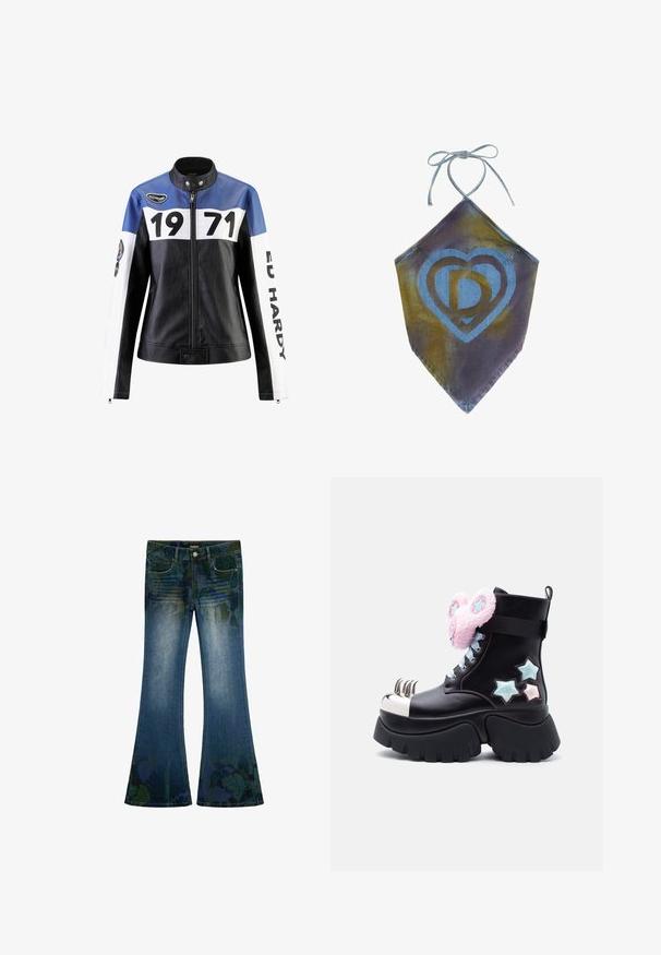 Schwarze und blaue Lederjacke mit weißen Akzenten, die "1971" und "ED HARDY" in fett gedruckt zeigt, mit Reißverschluss und Druckknopfkragen.; Denim-Halstertop mit blauem herzförmigem Logo, das stilisierte Buchstaben zeigt, am Hals gebunden, mit spitz zulaufendem Saum.; Blaue Schlagjeans aus Denim mit leichtem Used-Effekt und dezenten grünen und blauen Blumenmustern an den oberen Oberschenkeln und unteren Beinen.; Schwarzer Plateau-Stiefel mit silberner Krallen-Spitze, rosa pelzigen Ohrclips mit blauen Sternen und blauen und rosa Sternaufnähern an der Seite.