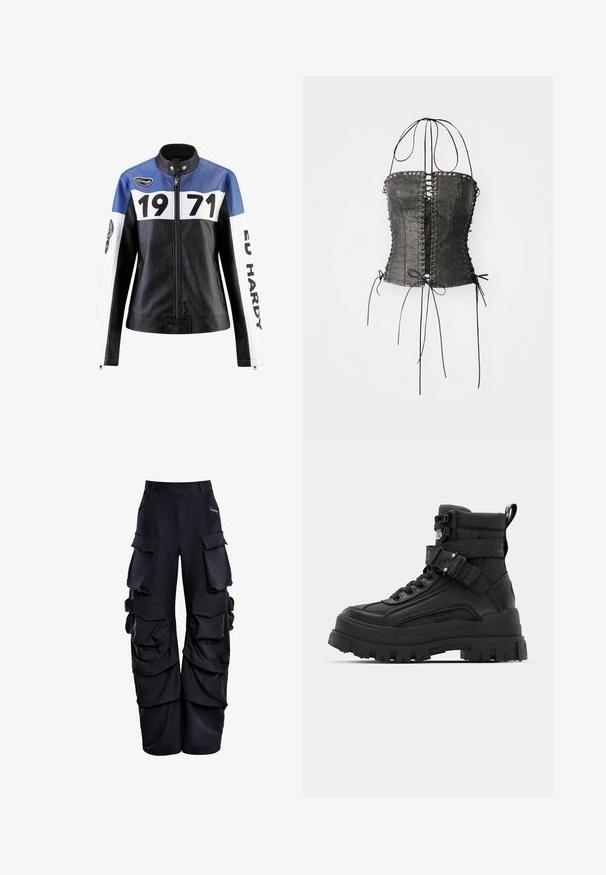 Schwarze und blaue Lederjacke mit weißen Akzenten, die "1971" und "ED HARDY" in fett gedruckt zeigt, mit Reißverschluss und Druckknopfkragen.; Jaded London LONGLINE LACE UP HALTER CORSET - Top - black; Schwarze Cargo-Hosen aus strukturiertem Material, mit mehreren großen Taschen, weitem Schnitt und gerafften Details an den Seiten.; Schwarze Knöchelstiefel mit strukturiertem Obermaterial, dicker Sohle, Schnürverschluss vorne und verstellbarem Riemen mit Logo-Detail. Gummisohle mit ausgeprägtem Profil.