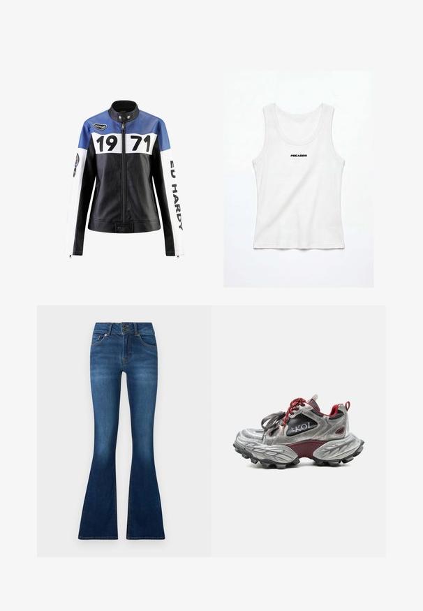 Schwarze und blaue Lederjacke mit weißen Akzenten, die "1971" und "ED HARDY" in fett gedruckt zeigt, mit Reißverschluss und Druckknopfkragen.; Weißes, geripptes Tanktop mit breiten Schulterträgern und schwarzem "PEGADOR" Logo auf der Brust, flach auf weißem Hintergrund liegend.; Helle Jeans aus dunkelblauem Denim. Verfügt über einen Zwei-Knopf-Verschluss, fünf Taschen und verblasste Details an den Beinen. Standardmäßiger Taillendesign.; Silberner und kastanienbrauner Sneaker mit dicker, strukturierter Sohle, roten Schnürsenkeln, schwarzen Mesh-Einsätzen und "KOI"-Branding an der Seite.