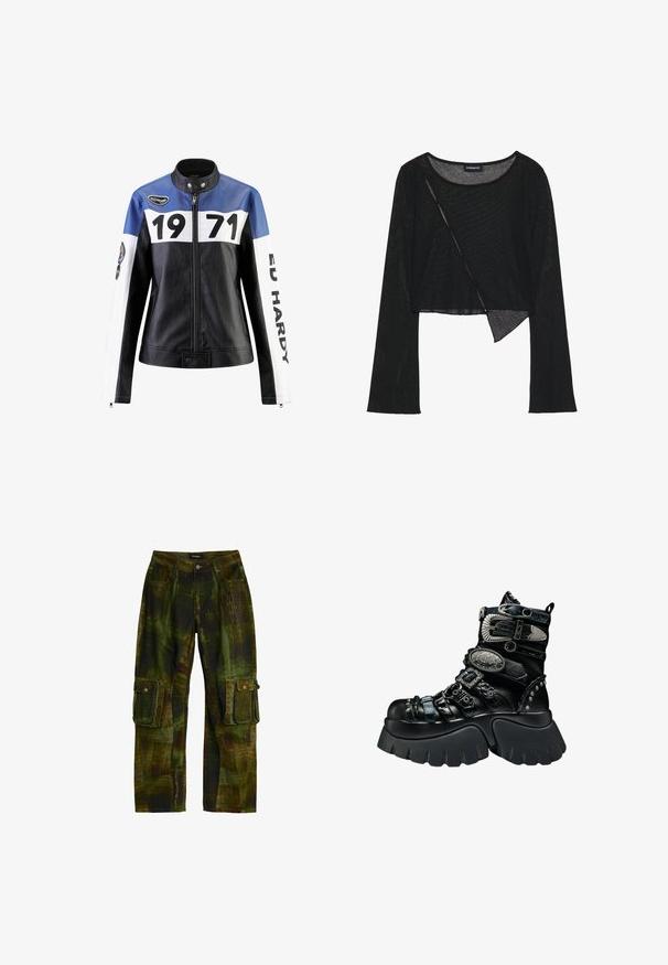 Schwarze und blaue Lederjacke mit weißen Akzenten, die "1971" und "ED HARDY" in fett gedruckt zeigt, mit Reißverschluss und Druckknopfkragen.; Schwarzes langärmliges Crop-Top aus leichtem, durchsichtigem Stoff. Mit Rundhalsausschnitt und asymmetrischem Saum mit leichter Textur.; Cargohosen im grün-braunen Tarnmuster mit seitlichen Taschen mit Knöpfen und vorne Gürtelschlaufen.; Schwarzer Plateau-Stiefel mit dicker Sohle, mehreren strukturierten Riemen, silbernen Schnallen, dekorativen Metallelementen und genieteten Details.