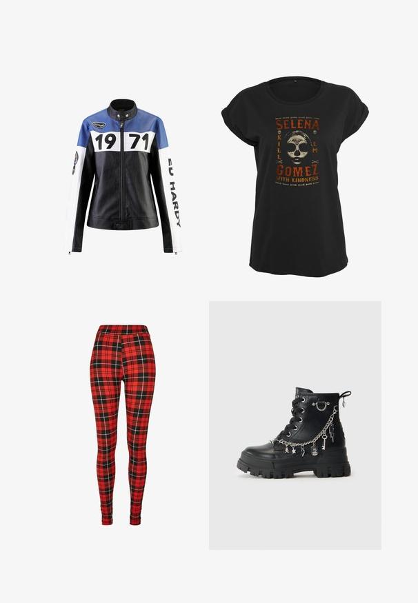 Sort og blå læderjakke med hvide detaljer, der har "1971" og "ED HARDY" i fed skrift, lynlås lukning og trykknapkrave.; Merchcode SELENA GOMEZ KILL EM SKULL TEE - T-shirts print - black; Røde ternede leggings med et sort og hvidt firkantet mønster. Lavet af strækbart materiale med høj talje.; Sorte læderankelstøvle med chunky sål, prydet med sølvkæde-detaljer, charms og en rund metalring. Struktureret overflade og snørresystem.