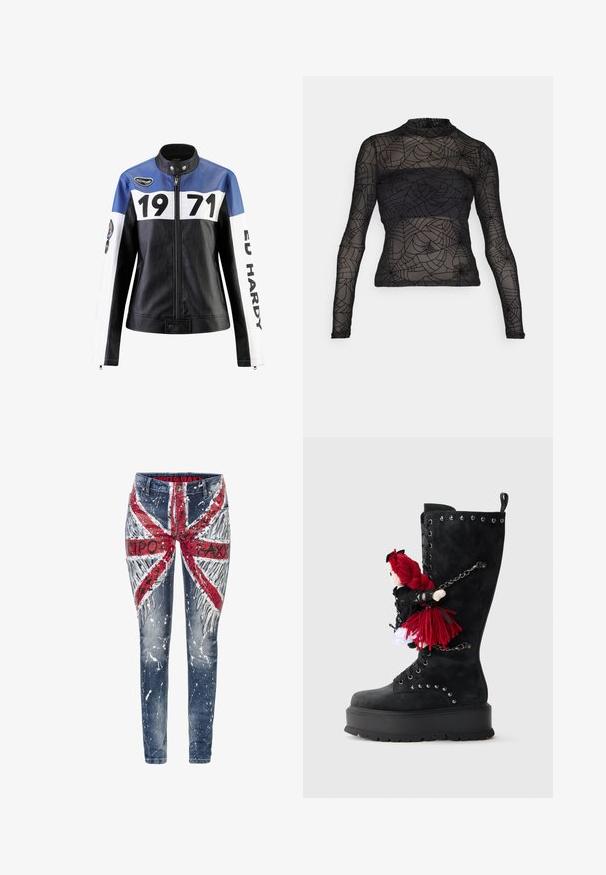 Schwarze und blaue Lederjacke mit weißen Akzenten, die "1971" und "ED HARDY" in fett gedruckt zeigt, mit Reißverschluss und Druckknopfkragen.; Vero Moda VMAYA TOP - Langarmshirt - black; Jeans aus Denim mit einem Union Jack-Design in roten und weißen Farbklecksen, im engen Schnitt und mit einem mittelhohen Bund.; Schwarzer kniehoher Stiefel mit einer klobigen Sohle, verziert mit silbernen Nieten und einer Puppe mit rotem Wollhaar, die an der Seite durch eine Kette befestigt ist.