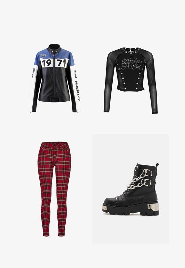 Schwarze und blaue Lederjacke mit weißen Akzenten, die "1971" und "ED HARDY" in fett gedruckt zeigt, mit Reißverschluss und Druckknopfkragen.; Schwarzes langärmeliges Netzoberteil mit metallischen Ösen entlang des Vorderteils und des Kragens, mit silbernen gotischen Buchstaben auf der Brust.; Rote karierte Skinny Jeans mit einer taillierten Passform, die gelbe und schwarze Linien aufweisen, einem Knopfverschluss und klassischen Fronttaschen.; Koi Footwear SHACKLED SHADOWS HEAVY DUTY CHAIN - Cowboy-/Bikerstiefelette - black