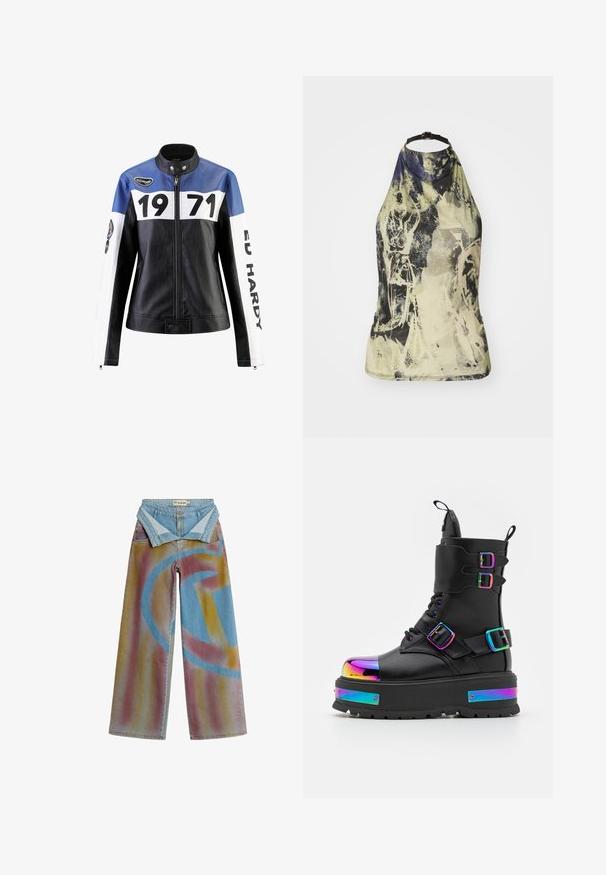 Sort og blå læderjakke med hvide detaljer, der har "1971" og "ED HARDY" i fed skrift, lynlås lukning og trykknapkrave.; Halter-neck top i et lyst, abstrakt print med grønne, gule og blå nuancer. Har en sort justerbar strop og et tætsiddende design.; Jeans med vide ben i denim med flerfarvet, falmet orange og lilla spraydesign samt geometriske blå former, foldet ved taljen.; Koi Footwear COSMIC FIRE METAL PLATFORM BOOTS - Snørestøvletter - black/multi-coloured