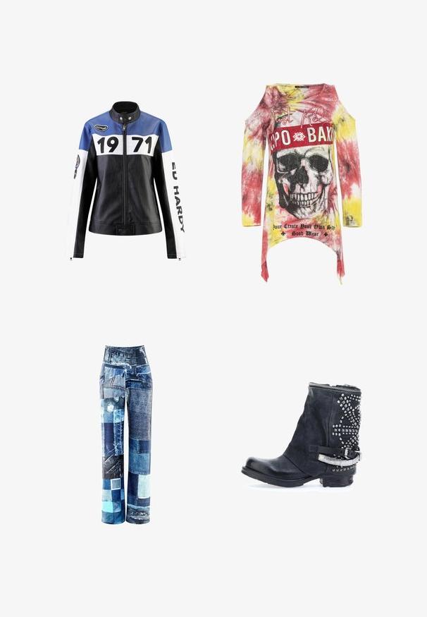 Schwarze und blaue Lederjacke mit weißen Akzenten, die "1971" und "ED HARDY" in fett gedruckt zeigt, mit Reißverschluss und Druckknopfkragen.; Asymmetrisches Langarmtop in Batikfarben von Gelb, Rot und Grau. Mit einem Totenkopf-Graphic, Nieten und gedrucktem Text auf der Vorderseite.; Patchwork-Jeans mit hoher Taille, die verschiedene Blautöne, abgenutzte Stellen und eine Mischung aus Texturen in weitem Bein-Design aufweisen.; Schwarze Lederknöchelstiefel mit strukturiertem Finish, silbernen Nieten an der Seite und einem metallischen Schnallenriemen. Verfügt über einen Reißverschlussverschluss an der Oberseite.