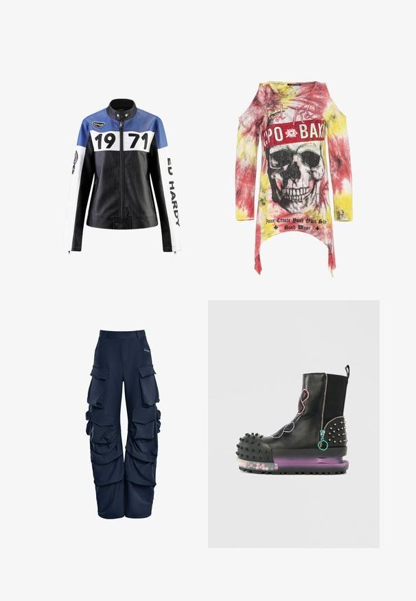 Schwarze und blaue Lederjacke mit weißen Akzenten, die "1971" und "ED HARDY" in fett gedruckt zeigt, mit Reißverschluss und Druckknopfkragen.; Asymmetrisches Langarmtop in Batikfarben von Gelb, Rot und Grau. Mit einem Totenkopf-Graphic, Nieten und gedrucktem Text auf der Vorderseite.; Marinefarbene Cargo-Hosen mit mehreren großen Seitentaschen, einer lockeren Passform und gerafften Stoffdetails an den Seiten. Aus leichtem Material gefertigt.; Schwarzer Lederstiefel mit dicker Sohle, Nietenakzenten, bunten Reißverschlüssen und einer gepolsterten Zehenkappe. Die transparente Sohle enthält dekorative Elemente.