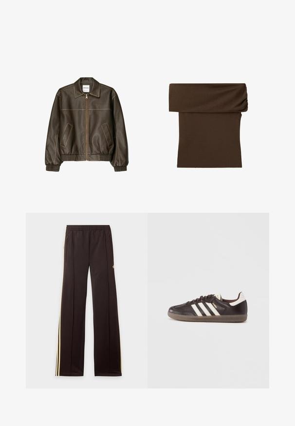 Veste bomber en cuir marron avec fermeture éclair à l'avant, col pointu, poignets et ourlet élastiqués, et poches latérales. Coutures contrastées visibles.; Jupe tube en maille marron foncé avec une large ceinture pliée et une texture lisse.; Pantalon de survêtement noir avec des bandes latérales jaunes, taille élastique, poches latérales zippées et un petit logo sur la partie supérieure de la cuisse.; Baskets en cuir marron foncé avec un design à trois bandes blanches, une semelle en caoutchouc et l'inscription "Samba" en lettres dorées sur le côté. Forme classique basse.