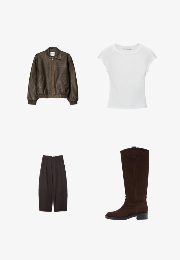 Veste bomber en cuir marron avec fermeture éclair à l'avant, col pointu, poignets et ourlet élastiqués, et poches latérales. Coutures contrastées visibles.; T-shirt en coton blanc avec manches courtes retroussées, encolure ronde et ourlet droit. Texture lisse sans motifs ni accents visibles.; Pantalons larges noirs en tissu lisse, avec une taille haute, des plis avant et des poches latérales. Design simple sans embellissements.; Botte haute en daim marron foncé avec un petit talon empilé et un bout arrondi, équipée d'une lanière au sommet de la tige.