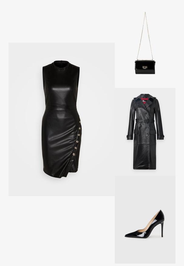 The Kooples Trenchcoat - black; Zwarte leren mouwloze jurk met een hoge halslijn, aansluitende silhouet, asymmetrische zoom en decoratieve knopen langs de zijnnaad.; Zwarte lakleren hoge hakpumps met een puntige neus en een slanke silhouet. Heeft een gladde, glanzende afwerking en een slanke stilettohak.; Zwarte gepatineerde leren handtas met een gouden schouderband, rechthoekige vorm, voorzien van een flapsluiting aan de voorkant en een metallic logo accent.