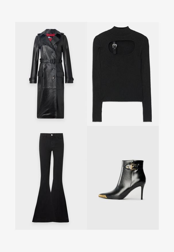 The Kooples Trenchcoat - black; Schwarzes, geripptes Crop-Top mit langen Ärmeln, hohem Kragen und Ausschnitt-Detail unter dem Kragen. Mit einem Riemen und akzentuiertem Hardware-Verschluss.; Schwarze High-Waist-Jeans mit ausgestelltem Bein, vorderem Knopf und Reißverschluss, zwei vorderen Taschen und Gürtelschlaufen, flach auf hellem Hintergrund dargestellt.; Schwarzer Knöchelstiefel aus glänzendem Leder mit spitz zulaufender Zehenpartie, Stöckelabsatz und goldfarbener Hardware mit dekorativem Schnallendetail.