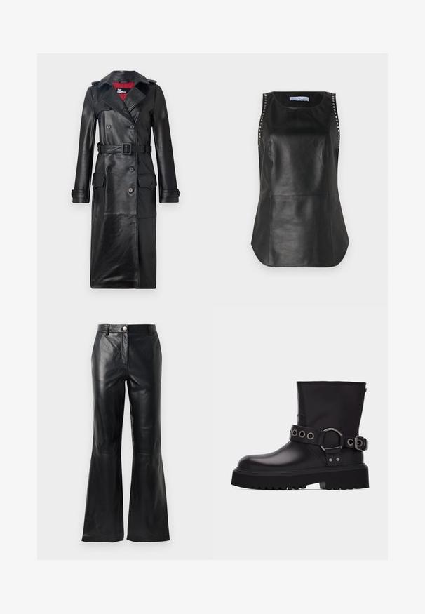 The Kooples Trenchcoat - black; Sort læderærmeløs top med en glat tekstur, der har metalnitter langs skuldrene og en rund kant.; Sorte faux læderbukser med høj talje, knaplukning, bæltesløjfer og flagrende ben foran en hvid baggrund.; Sort læderstøvle til midten af læggen med tyk sål med slidbanemønster, dekorativ rem med sølvmetal-øjer og spænde på siden.