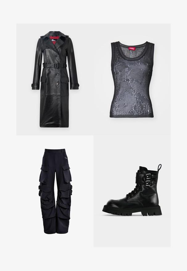 The Kooples Trenchcoat - black; Zwarte mesh tanktop met een ronde halslijn en een patroon van kleine gaatjes. Het label binnenin zegt "032c." Het materiaal lijkt lichtgewicht en gestructureerd.; Zwarte cargobroek van gestructureerde stof, met meerdere grote zakken, een ontspannen pasvorm en geplooide details langs de zijkanten.; Zwarte leren gevechtslaars met dikke profielzool, zijgespen, veters en hieltreklus op een lichte achtergrond.
